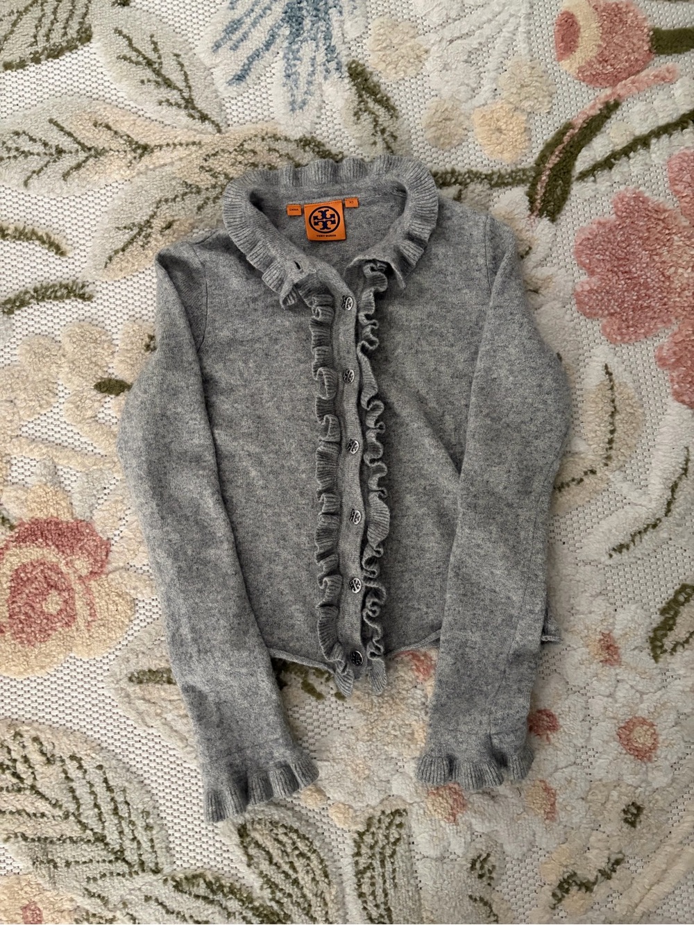 Tory Burch Light Gray Ruffle-Trim Wool Blend Cardigan
